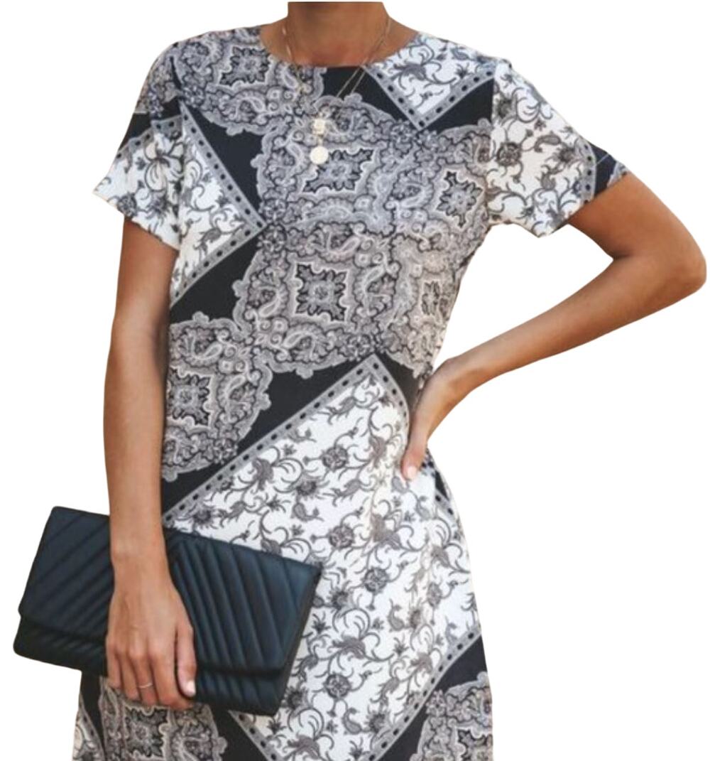 VICI Black White Paisley Mini Dress Small Patchwork Neutral Chic Quiet Luxury